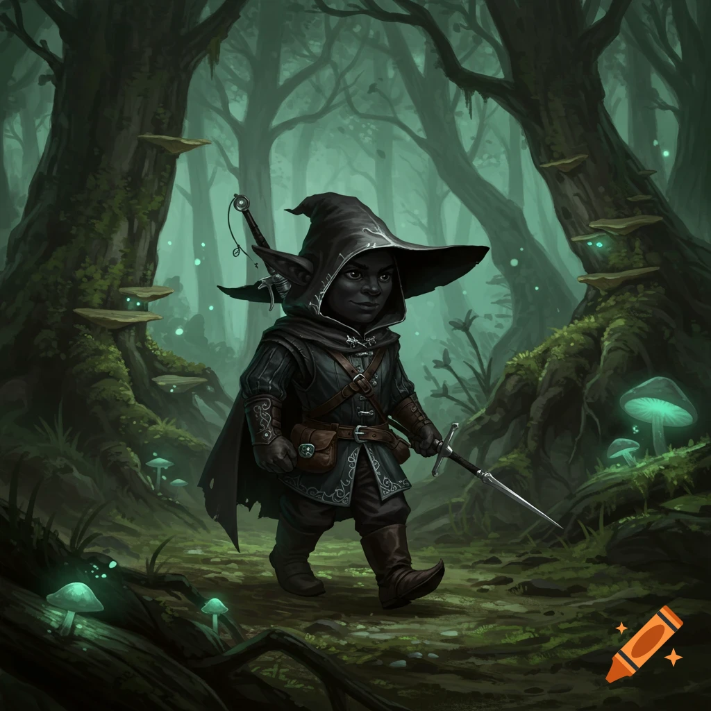 A dark-skinned gnome rogue in a hooded cloak and pointy hat walks through a mystical forest with glowing mushrooms, holding a sword.