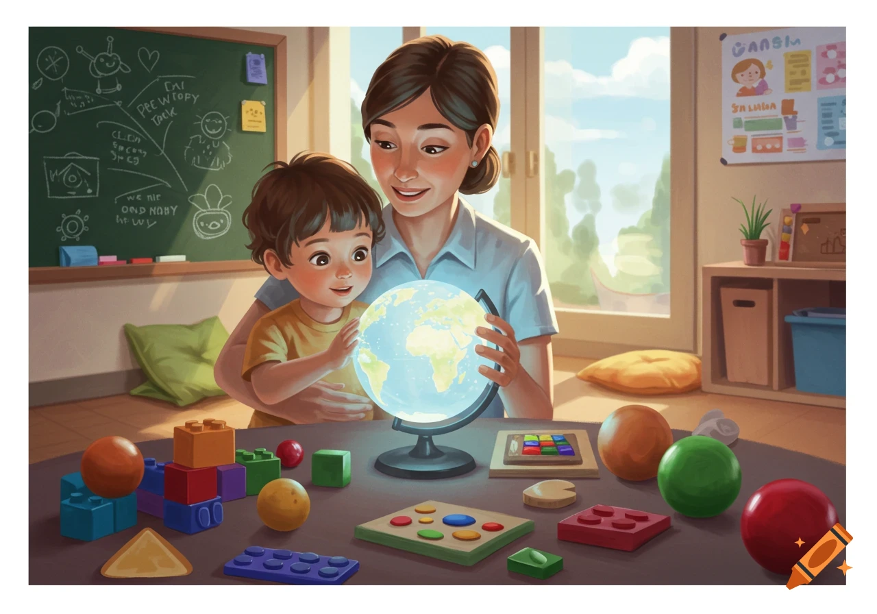A teacher and a child in a classroom look at a glowing globe, surrounded by building blocks and toys.