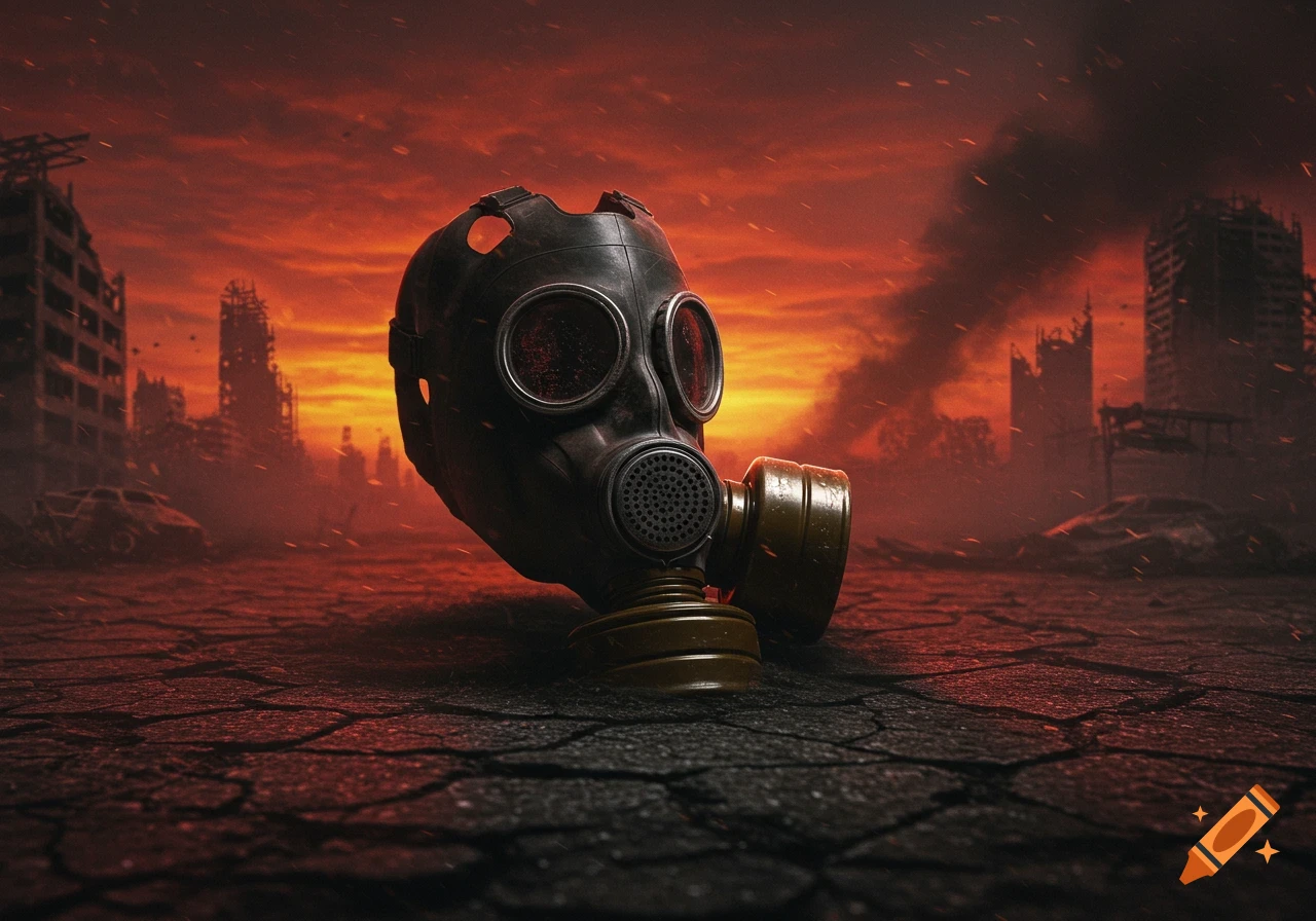 A gas mask lies on cracked ground in a desolate, destroyed city under a fiery orange sky.