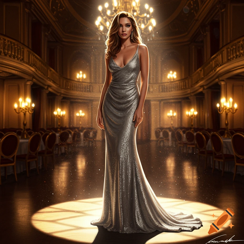 A beautiful woman in a shimmering silver gown stands in a spotlight in a grand ballroom.