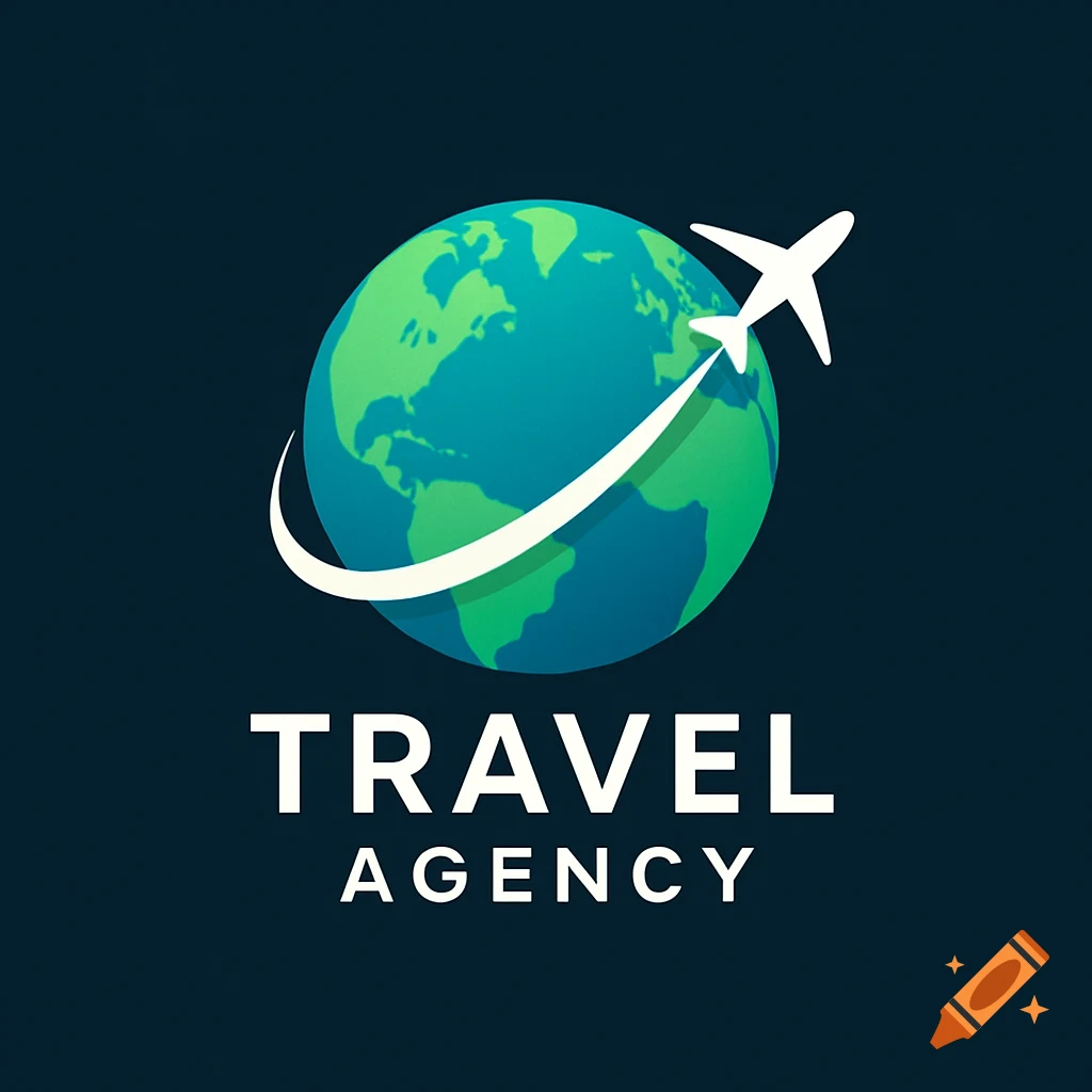 Travel agency logo with a blue and green globe, a white airplane circling it, and the text 'TRAVEL AGENCY'.