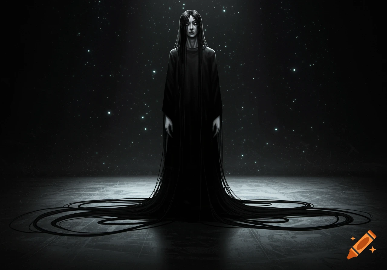 A pale, creepy figure with very long black hair stands in a dark room illuminated by faint starry lights, digital art.