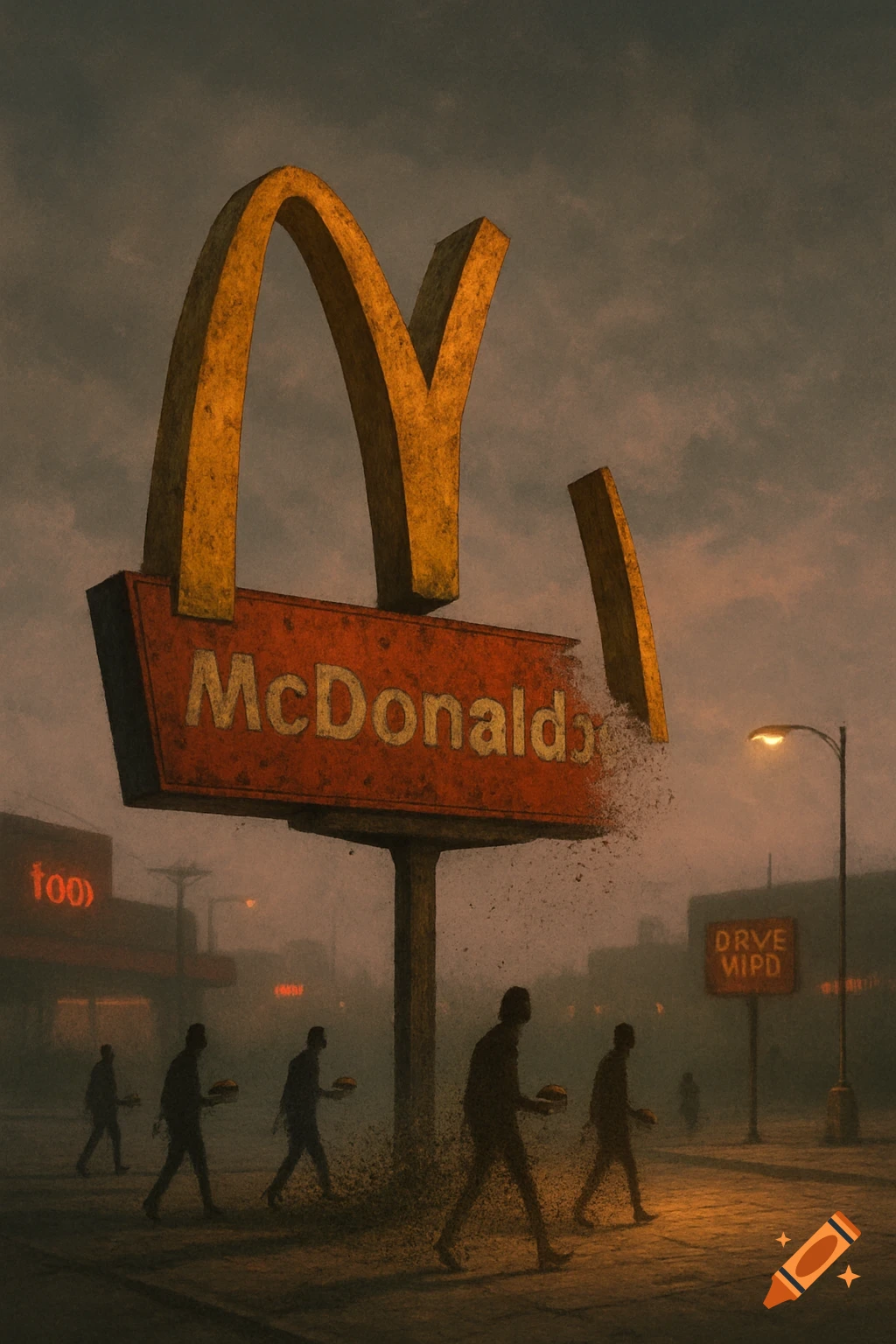 A desolate, orange-hued scene features a large, decaying McDonald's 'M' logo with 'McDonald's' on its sign, which is disintegrating into dust. Silhouetted figures walk across the foreground, also appearing to dissipate.