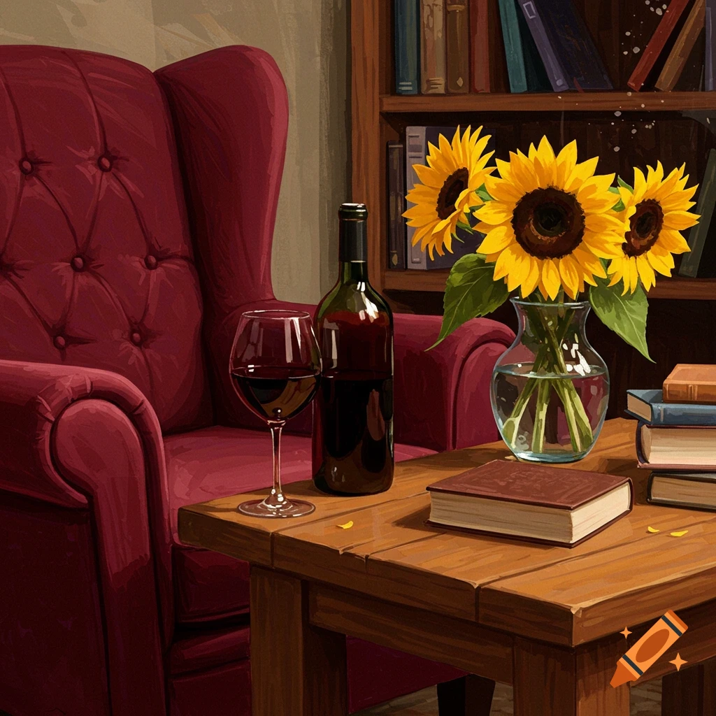 An abstract, painterly image of a cozy red reading chair, a glass of red wine, a bottle, sunflowers in a vase, and books on a wooden table, with a bookshelf in the background.