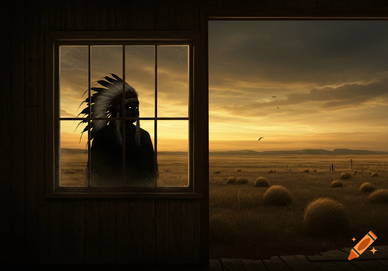 A shadowy figure in a Native American headdress with glowing eyes looks out a window at a vast field under a sunset sky.