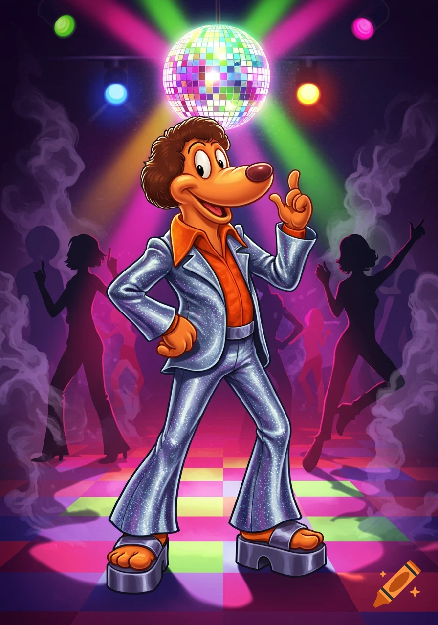 A cartoon dog character in a sparkly silver disco suit and platform shoes, dancing under a shimmering disco ball and colorful lights in a smoky club, with silhouetted figures in the background.