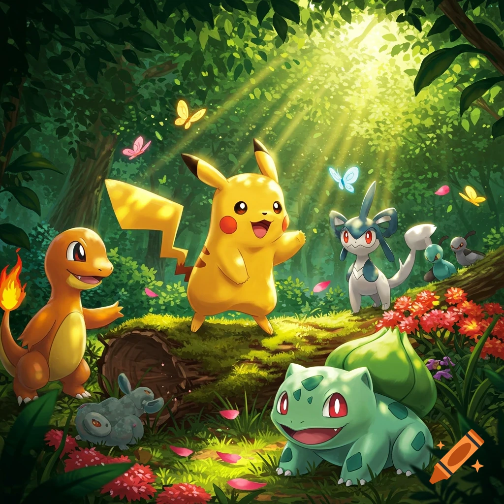 Pikachu, Charmander, Bulbasaur, and other Pokemon gather in a lush, sunlit forest with butterflies.