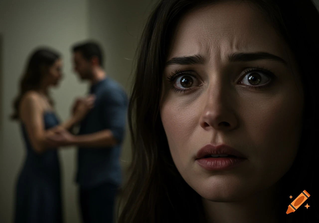 Close-up of a wide-eyed, distressed woman watching a blurred couple in the background, with dramatic shadows.