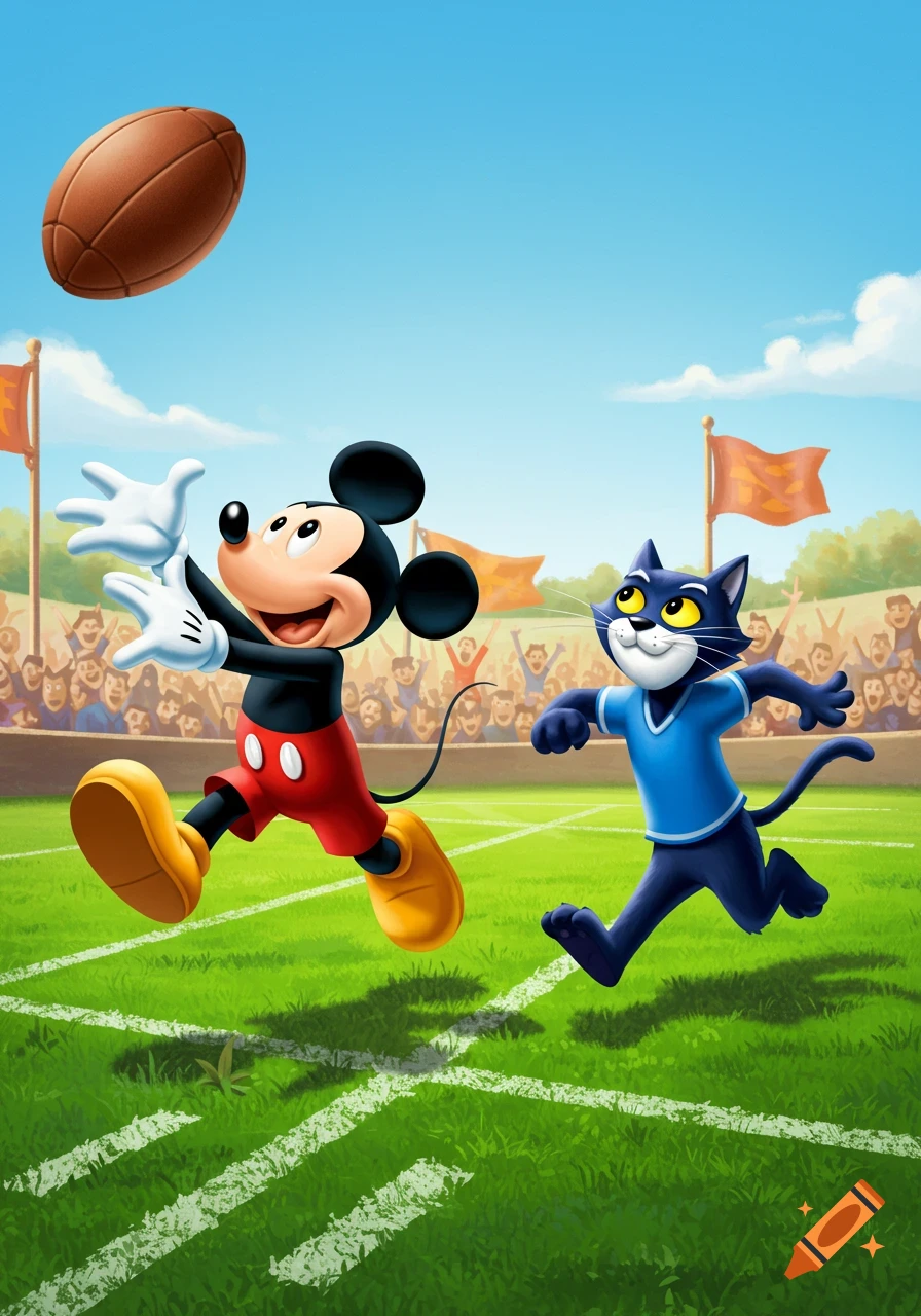 Mickey Mouse and a black cat run on a green football field, with Mickey reaching up to catch a football. A crowd watches from stands in the background.
