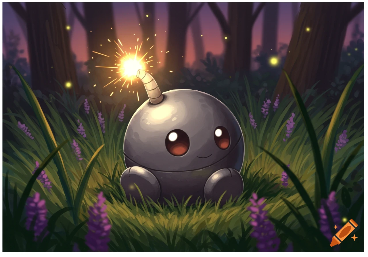A cute, grey, cartoon bomb with a lit fuse sits in green grass with purple flowers, fireflies glow in the background forest at dusk.