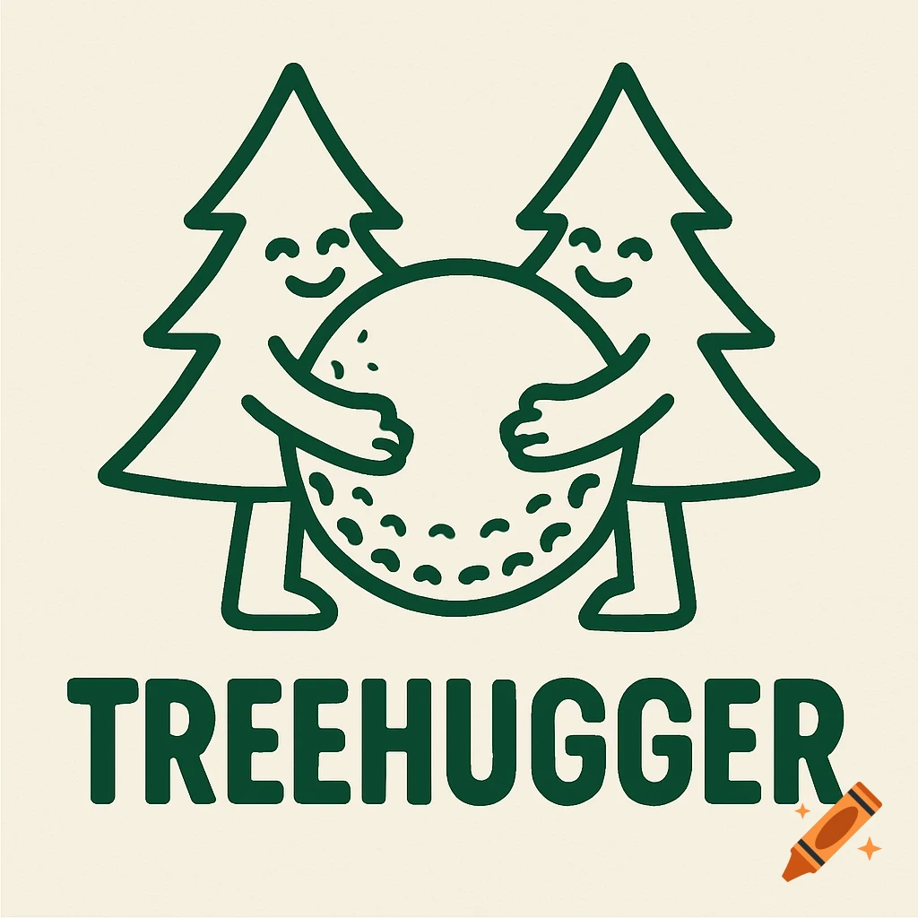 Minimalist cartoon logo featuring two happy pine trees hugging a golf ball, with the text "TREEHUGGER" below.