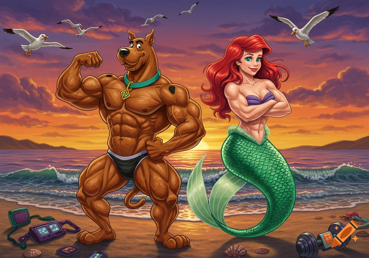 A muscular Scooby Doo and a muscular Ariel pose on a beach at sunset with a dumbbell and fitness tracker.