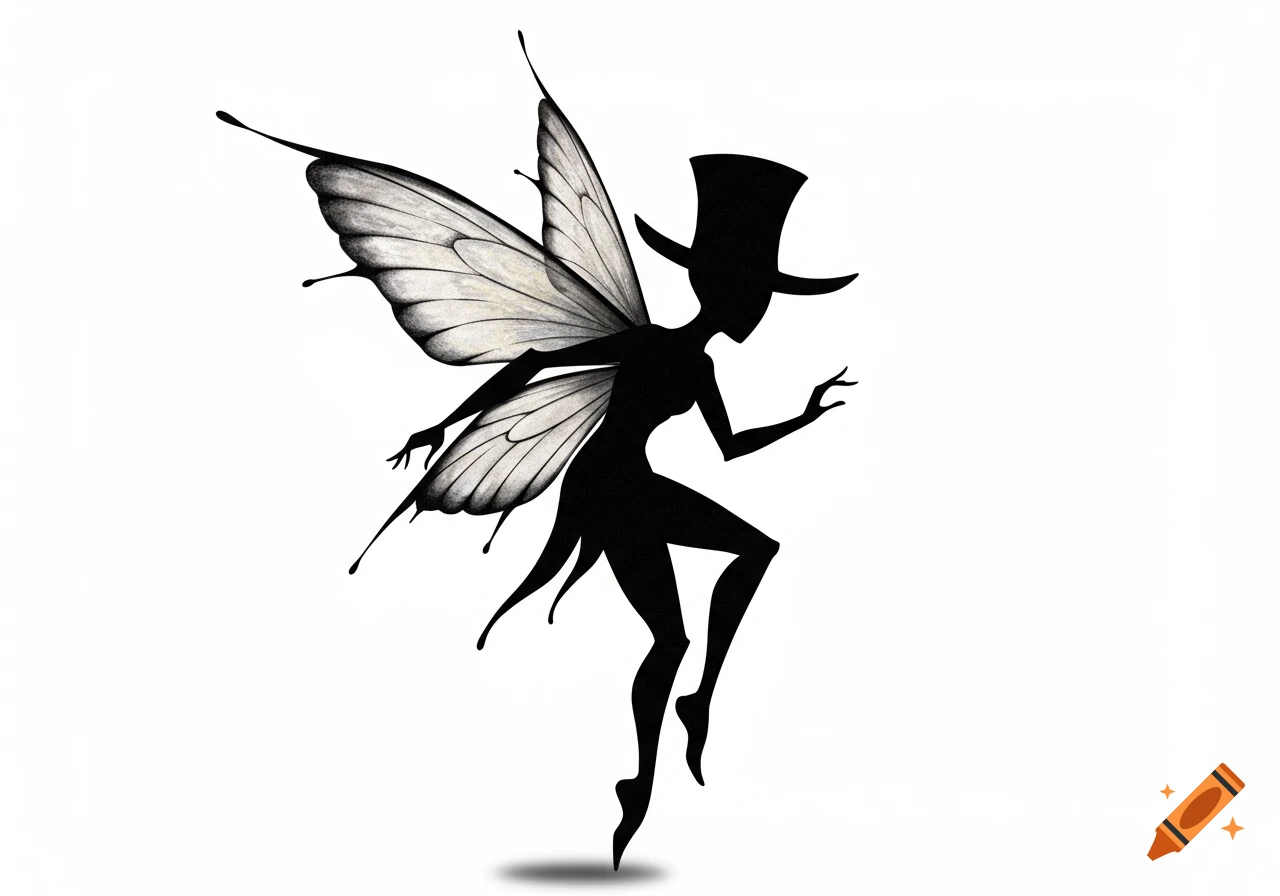 A black silhouette of a fairy wearing a top hat with detailed, light-colored wings, on a white background.