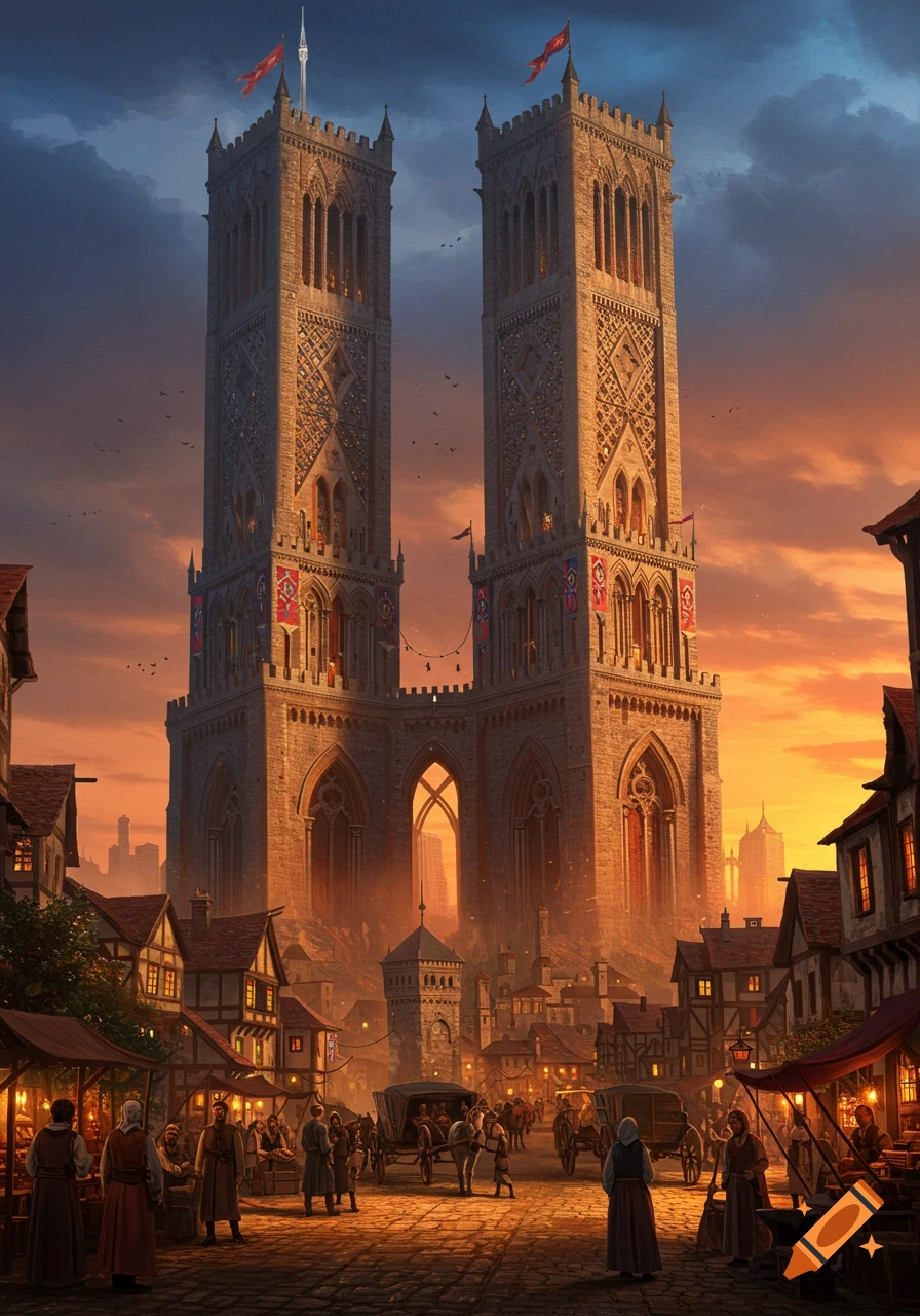 Two towering medieval structures overlook a bustling town square at sunset, filled with people, market stalls, and horse-drawn carriages.