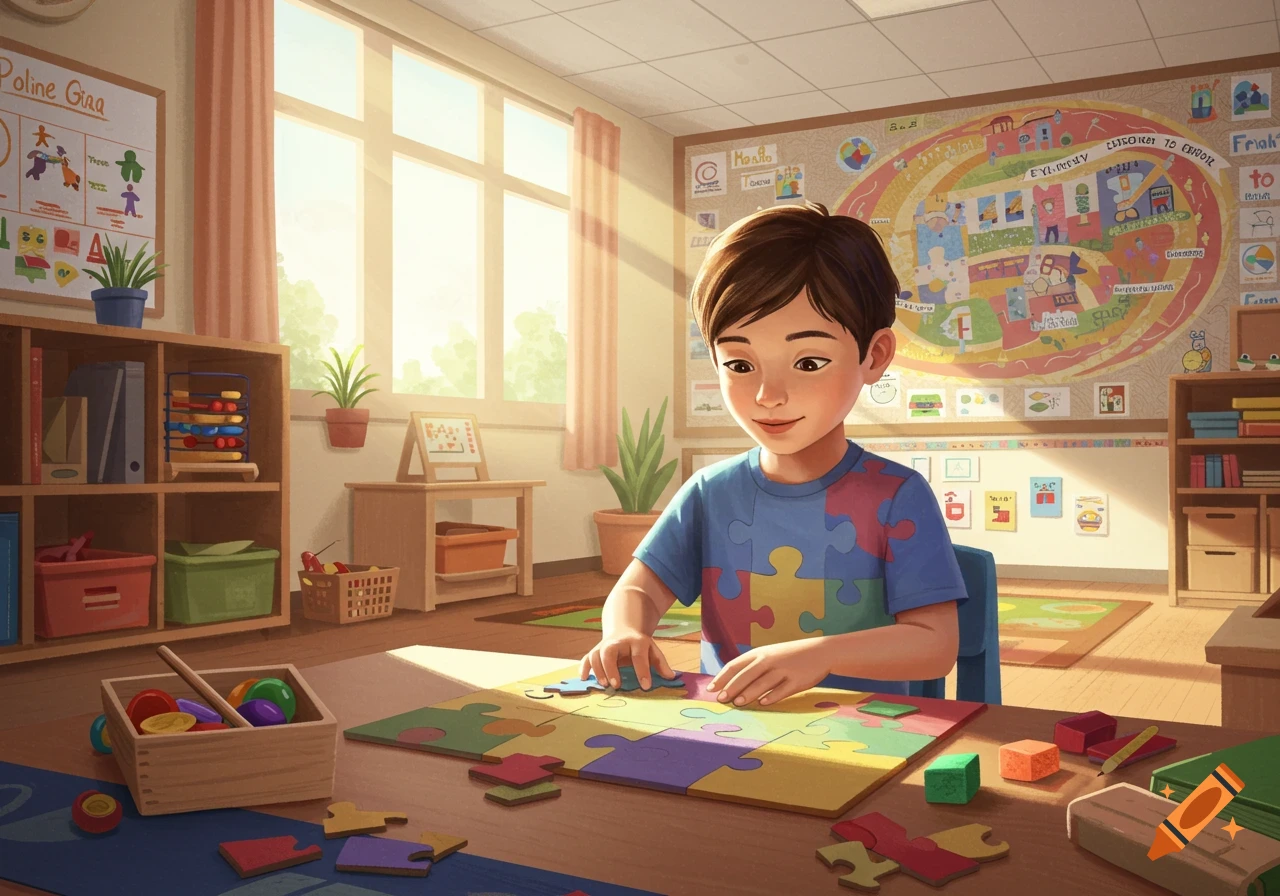 A child wearing a puzzle-piece shirt plays with a colorful puzzle on a desk in a bright classroom with posters and shelves.