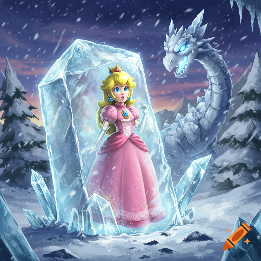 Princess Peach is frozen inside a large ice block in a snowy landscape, as an ice dragon looms behind her.