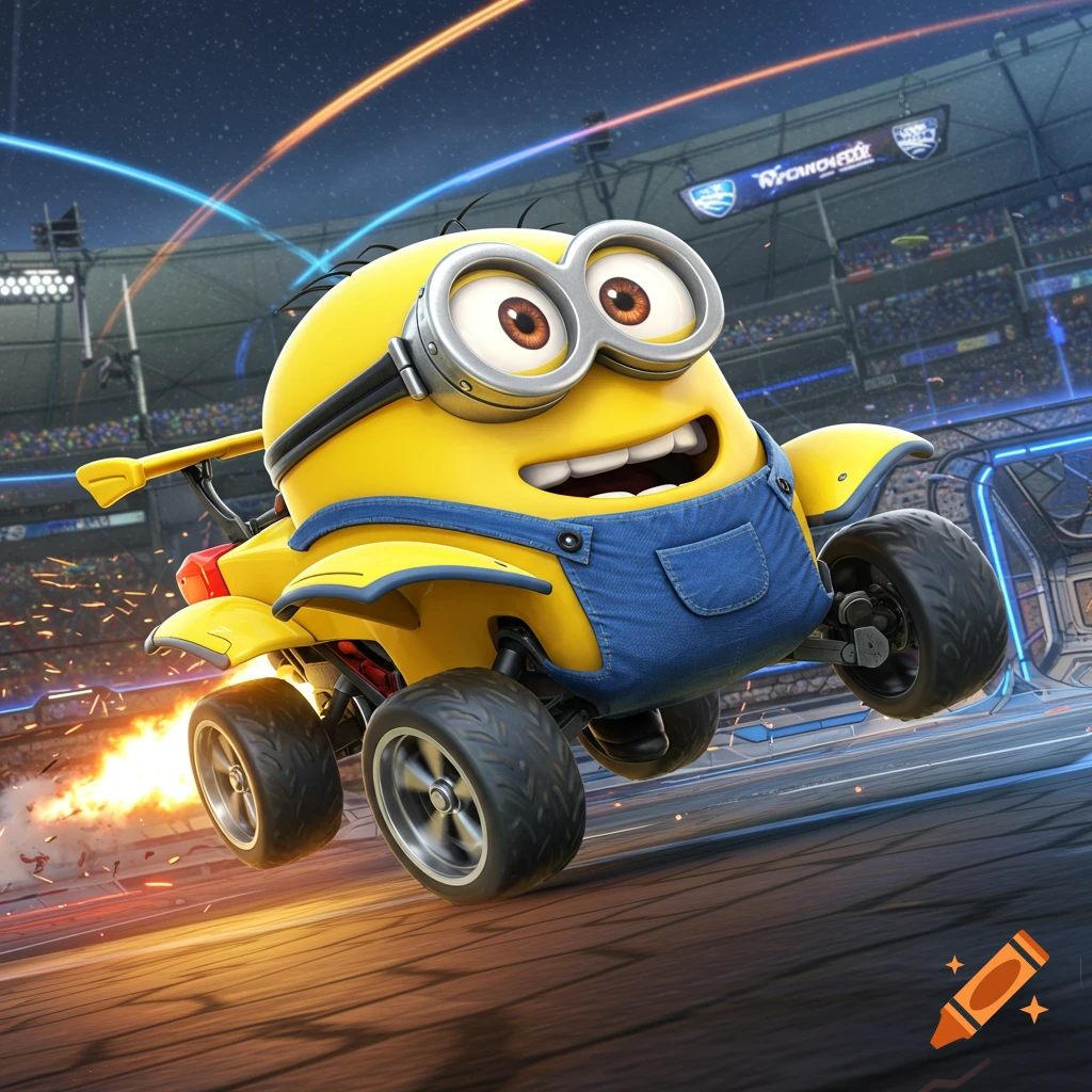 A Minion from Despicable Me as a Rocket League car, jumping in an arena with boost flames.