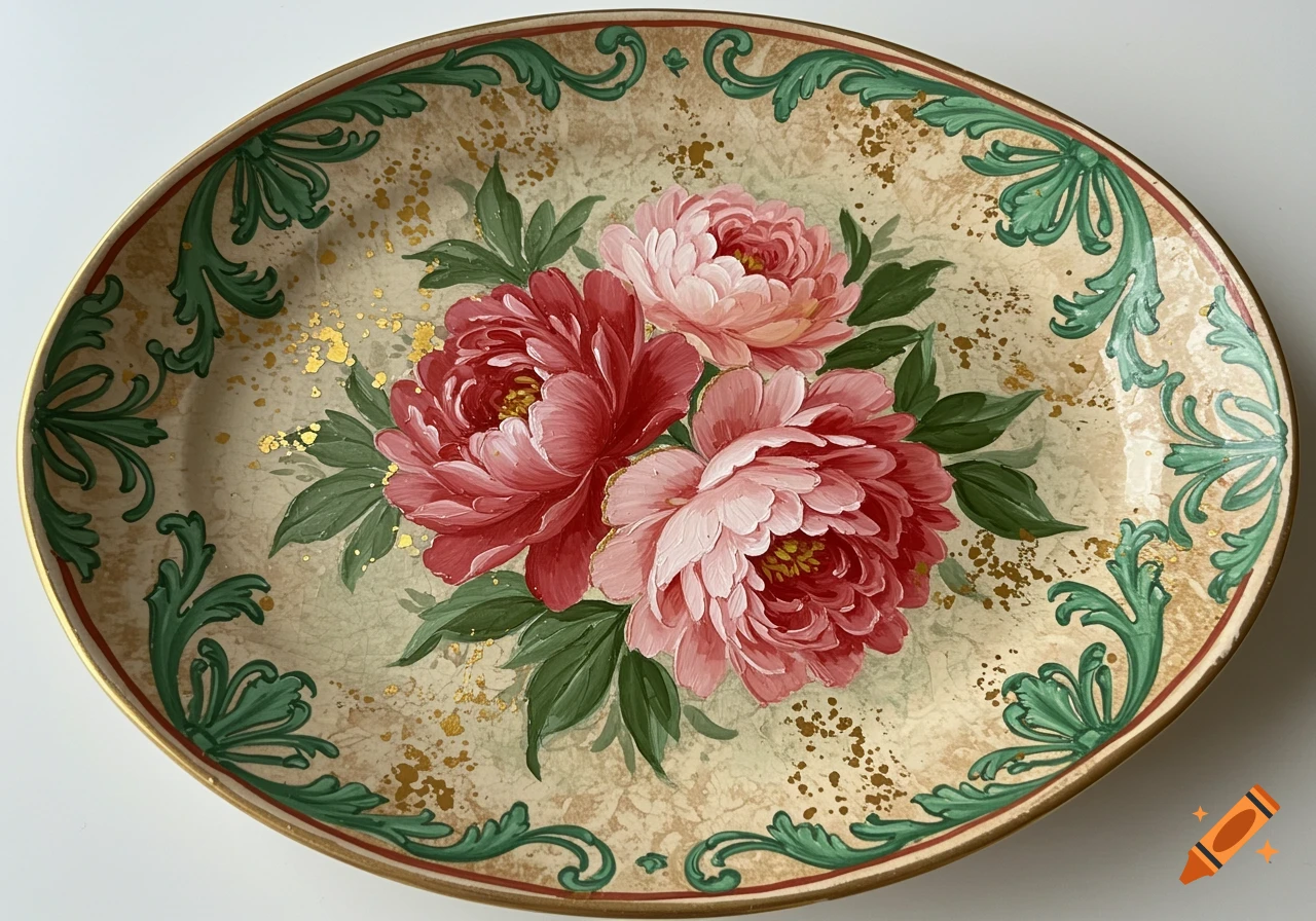 A decorative oval platter with a painting of pink and red peonies, green scrollwork, and gold details on a cream background.