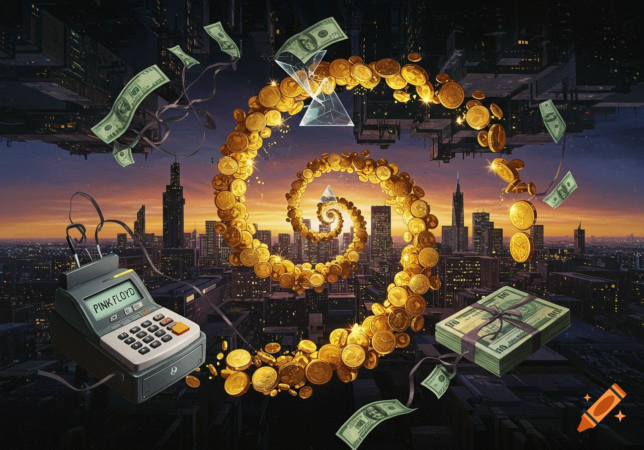 A surreal cityscape at sunset with a spiral of golden coins, floating banknotes, and a calculator displaying 'PINK FLOYD'.