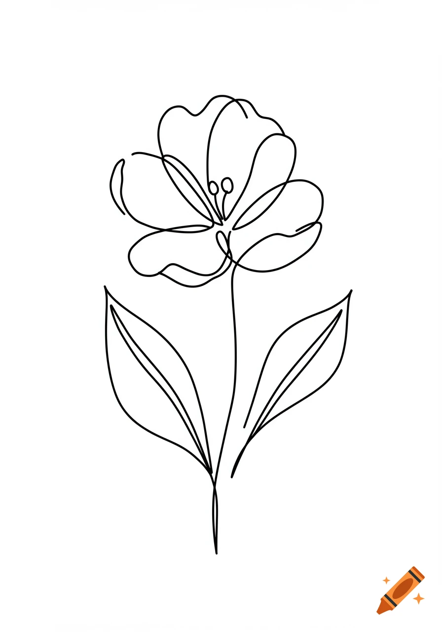 Abstract black and white continuous line drawing of a flower with two leaves.