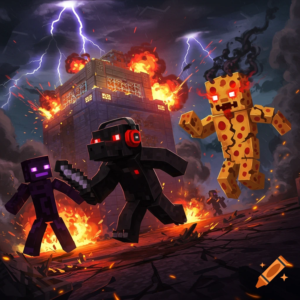 A dramatic Minecraft battle scene featuring a black dragon, an Enderman, and a pizza zombie amidst explosions, lightning, and fire.