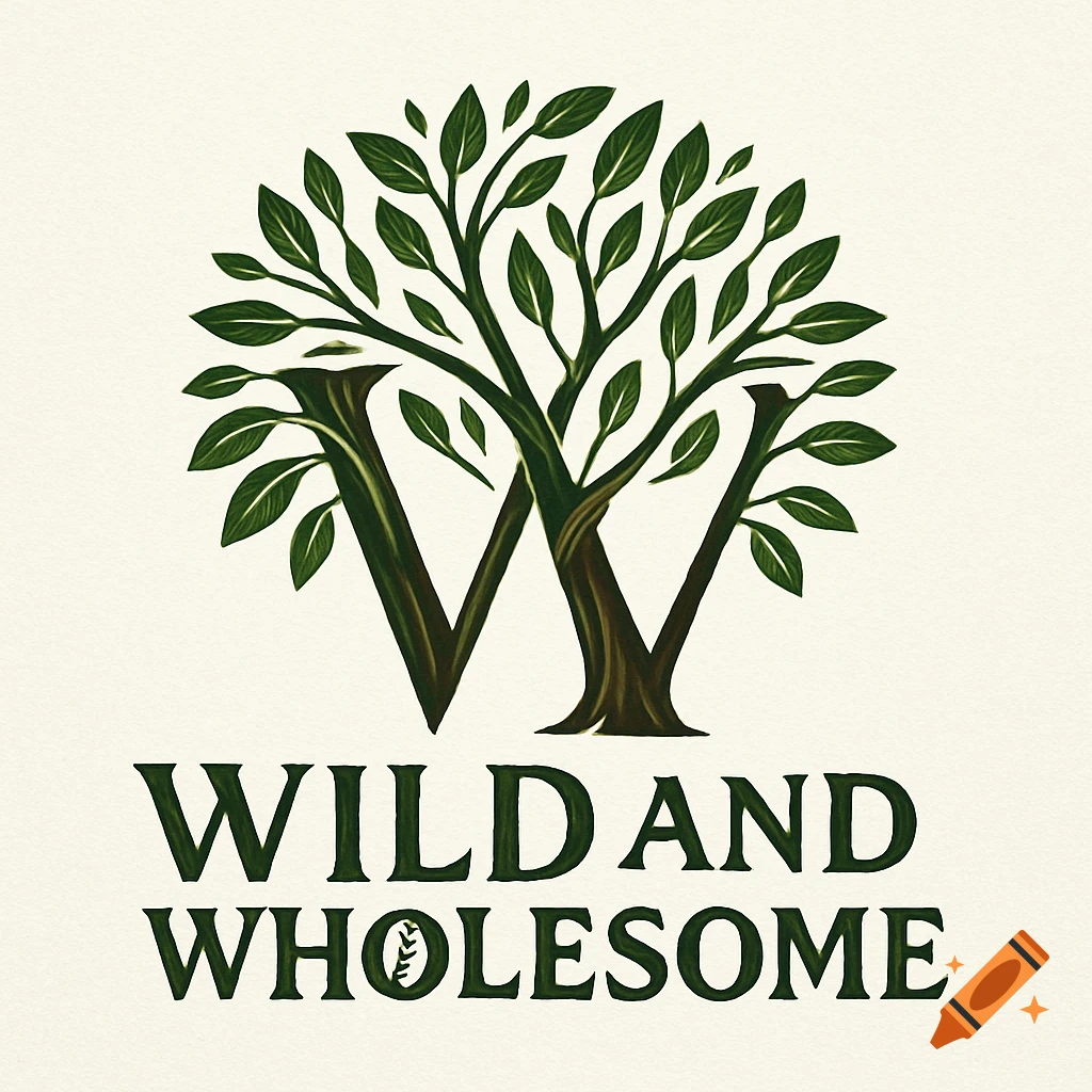 A business logo features a stylized tree with its trunk forming a large 'W', and the words 'WILD AND WHOLESOME' in green text below.