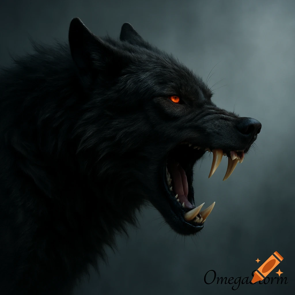 A fierce black dire wolf's head in profile, mouth open with sharp fangs and glowing orange eyes, against a dark, dramatic background.
