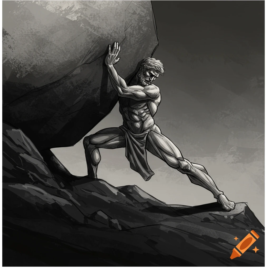 Monochromatic sketch illustration of Sisyphus pushing a large boulder up a rocky hill under a dark sky.