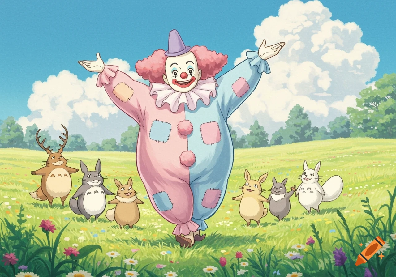 A cheerful clown in a pink and blue costume stands in a grassy field with several Studio Ghibli-style forest creatures, in a cartoon illustration style.