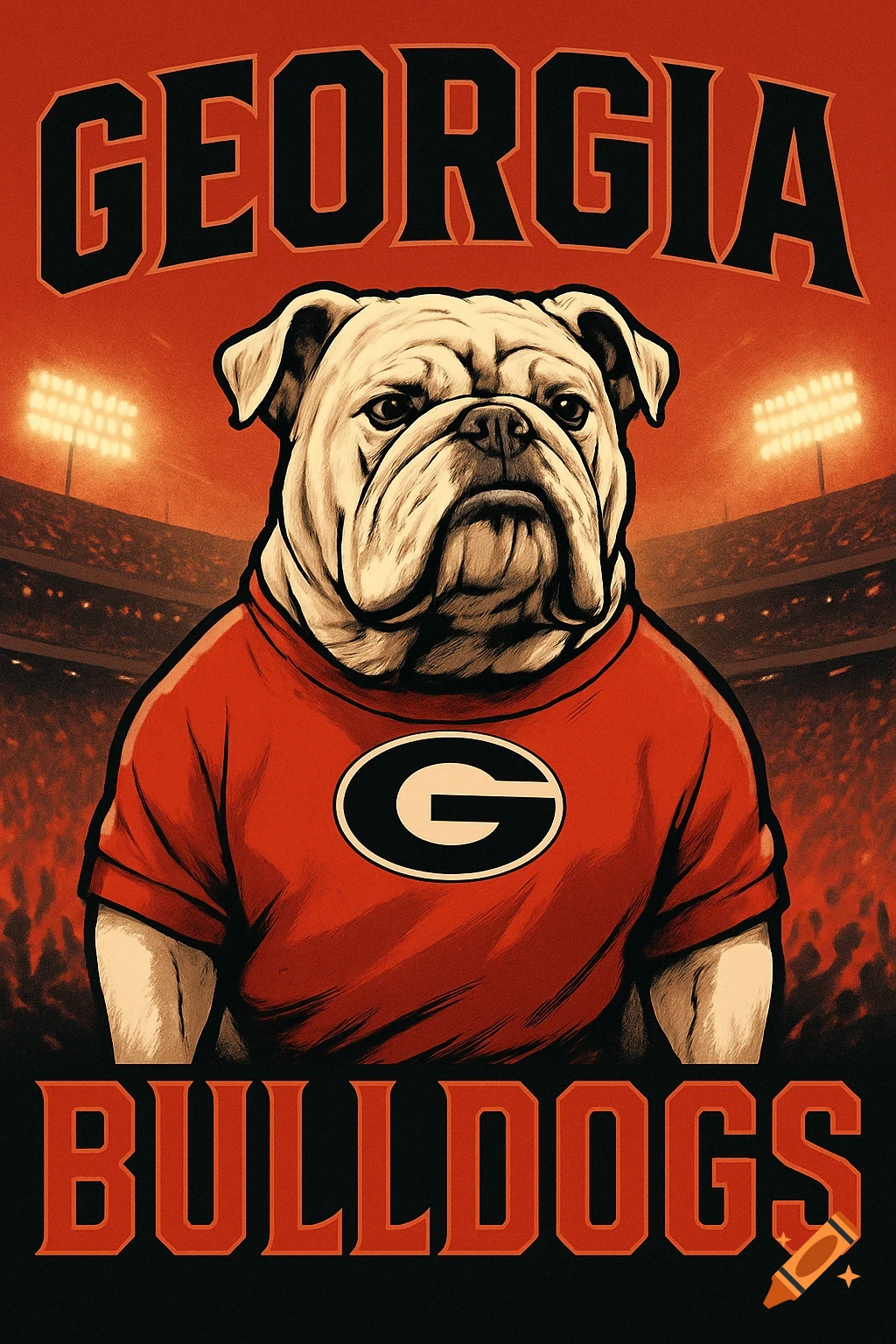 Illustration of a bulldog mascot wearing a red shirt with a 'G' logo, set against a stadium background with text 'GEORGIA BULLDOGS'.