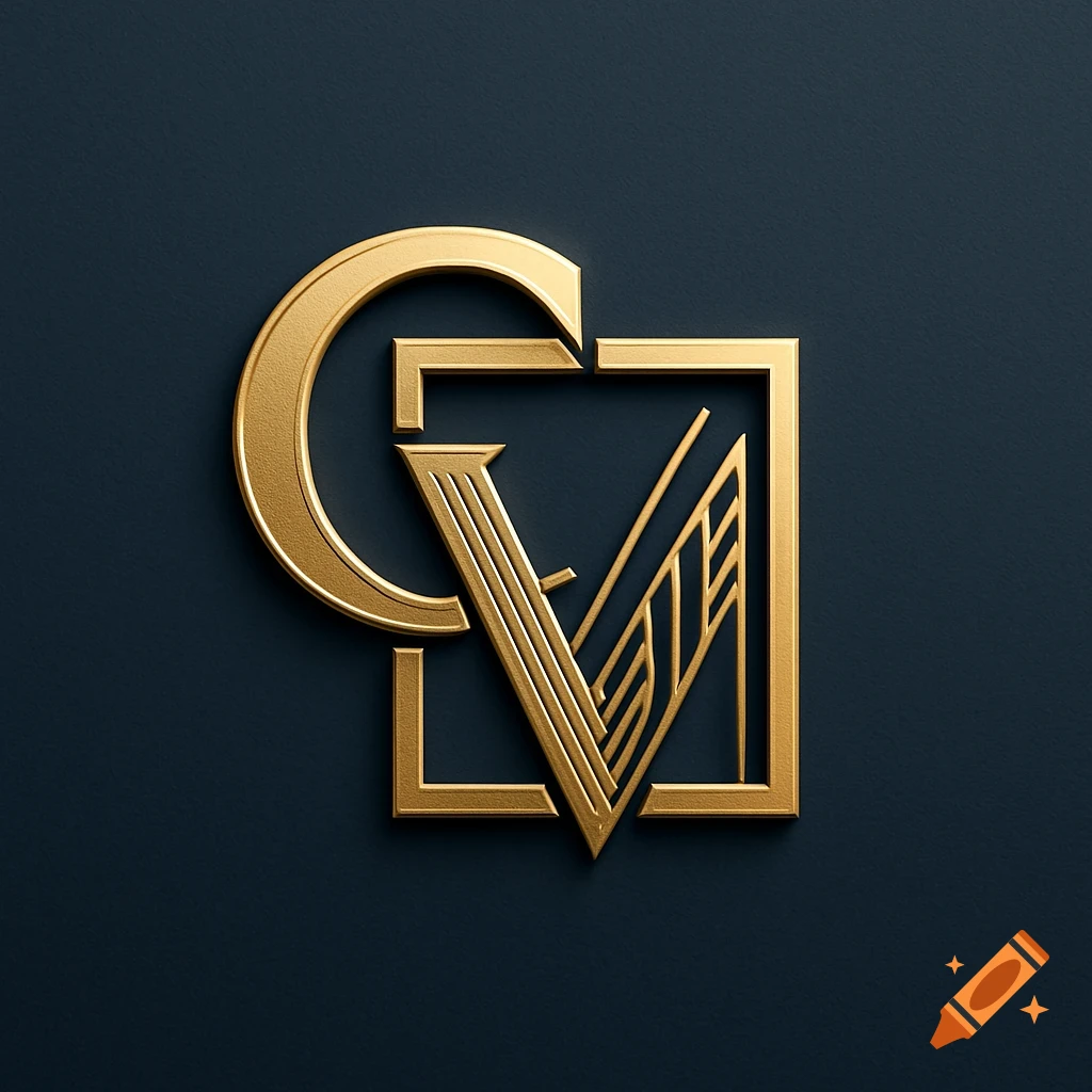 A stylized golden logo featuring a 'C' and a framed 'V' with geometric lines, on a dark blue background.