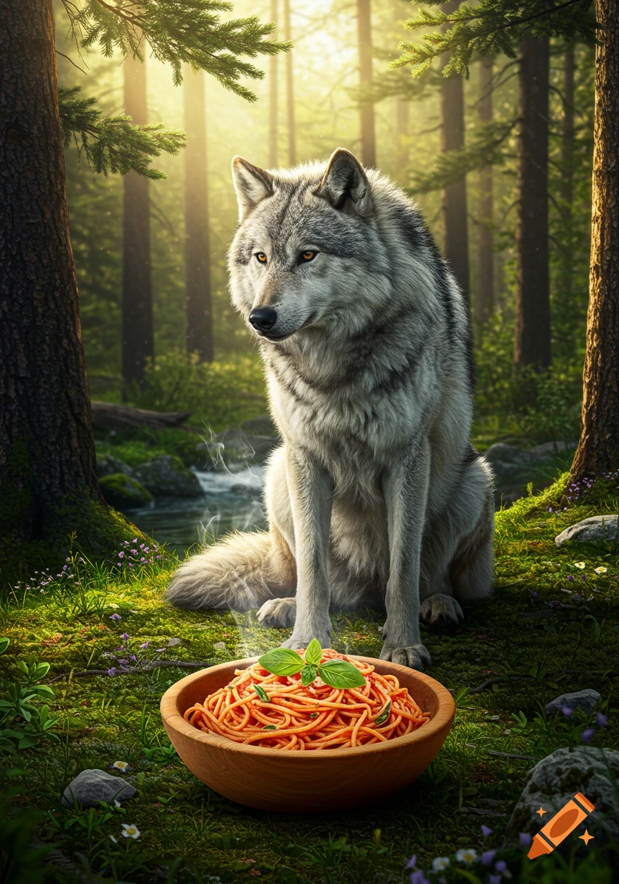 A photorealistic image of a gray wolf sitting in a sunlit forest, looking at a steaming bowl of spaghetti on the mossy ground.