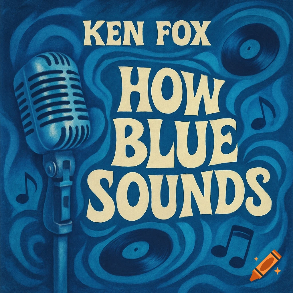 A vintage-style blue album cover featuring a microphone, records, music notes, and the text 'KEN FOX HOW BLUE SOUNDS'.