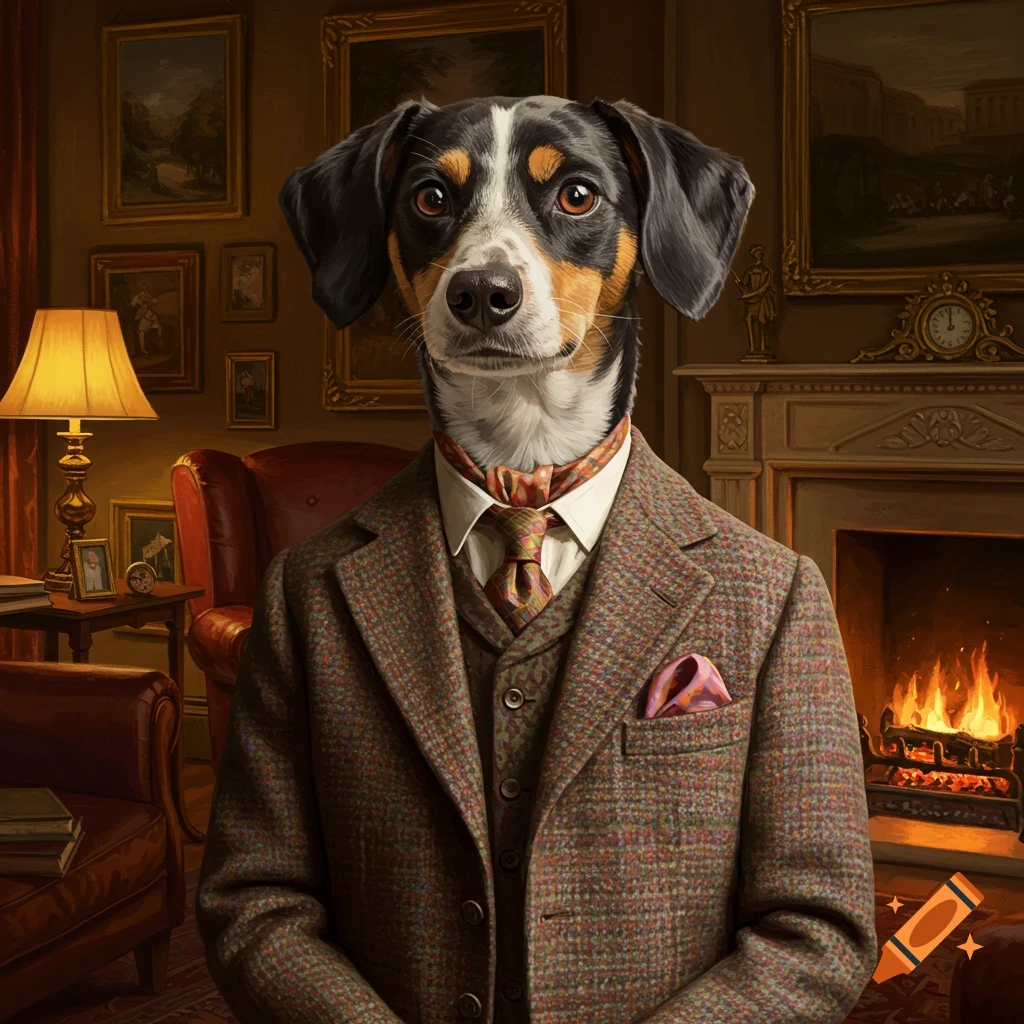 A formal portrait of a dog wearing a brown tweed suit and tie in a classic study with a fireplace and paintings.