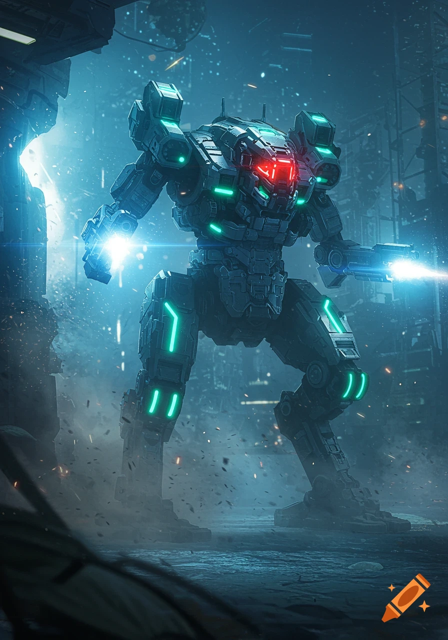 A large, detailed sci-fi mech with glowing green lights and a red eye stands in a dark, misty futuristic city, firing a blue laser from its arm.