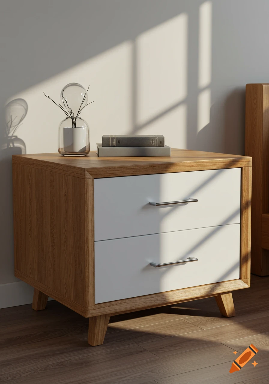 A modern wooden bedside table with two white drawers, a vase with branches, and books, lit by sunlight.