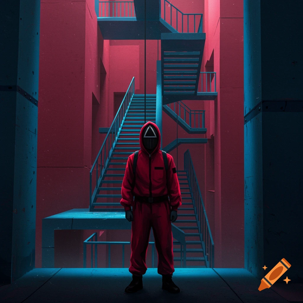 A person in a red jumpsuit and masked face with a triangle symbol stands in a stark, red-walled stairwell with blue-lit stairs.