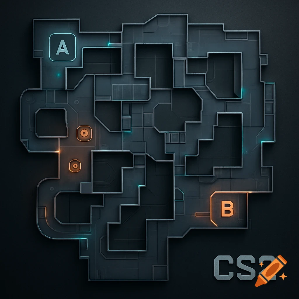 Top-down view of a dark, futuristic game map with areas A and B marked, and 'CS2' text.