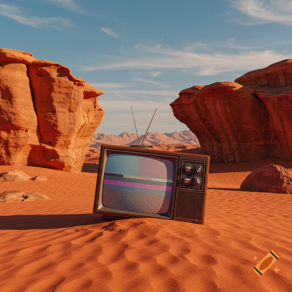 An old retro television set showing static, half-buried in the red sand of a vast desert landscape with large rock formations under a blue sky.
