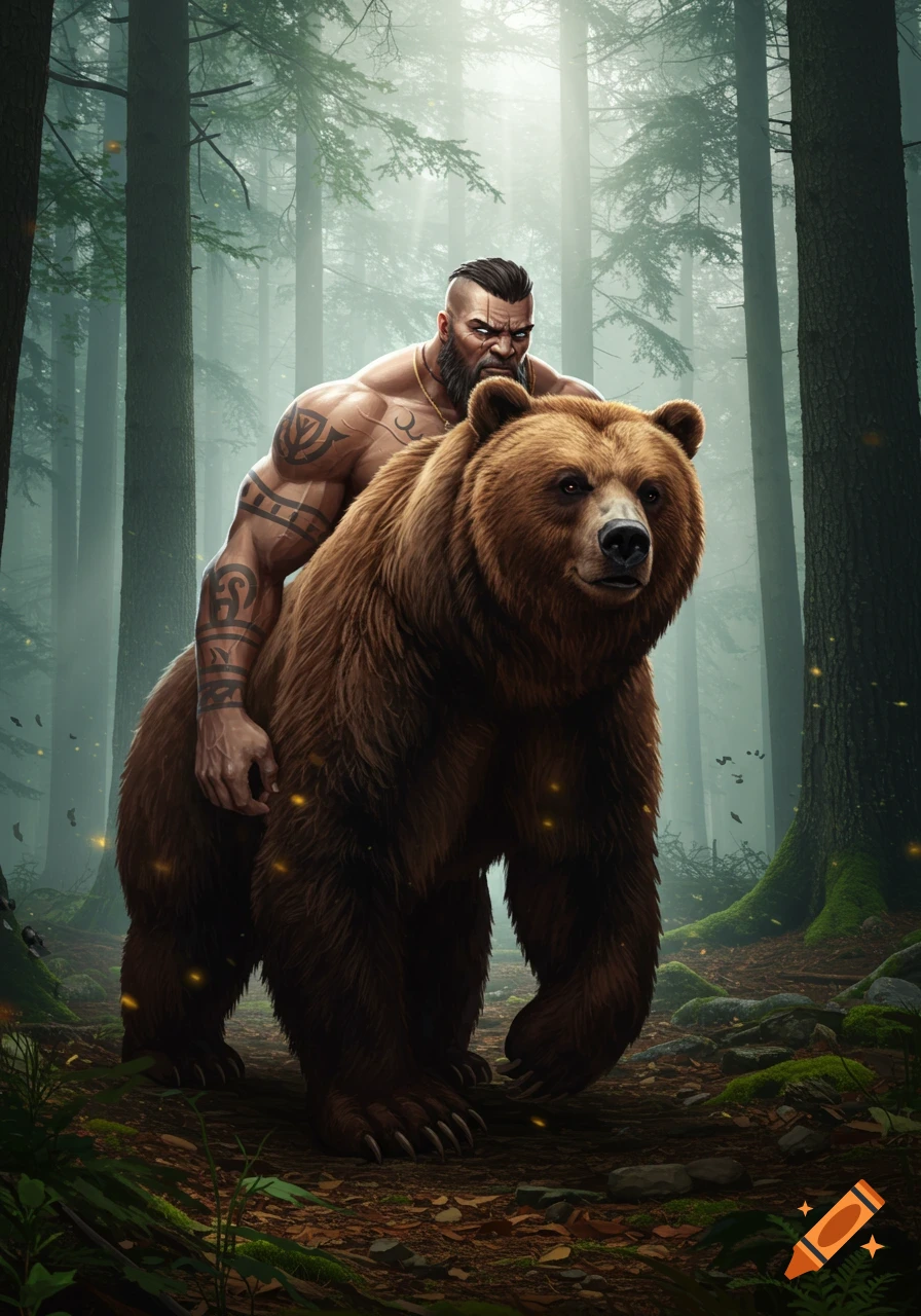 A muscular, tattooed man with a beard riding a brown bear through a misty forest, in a realistic digital art style.