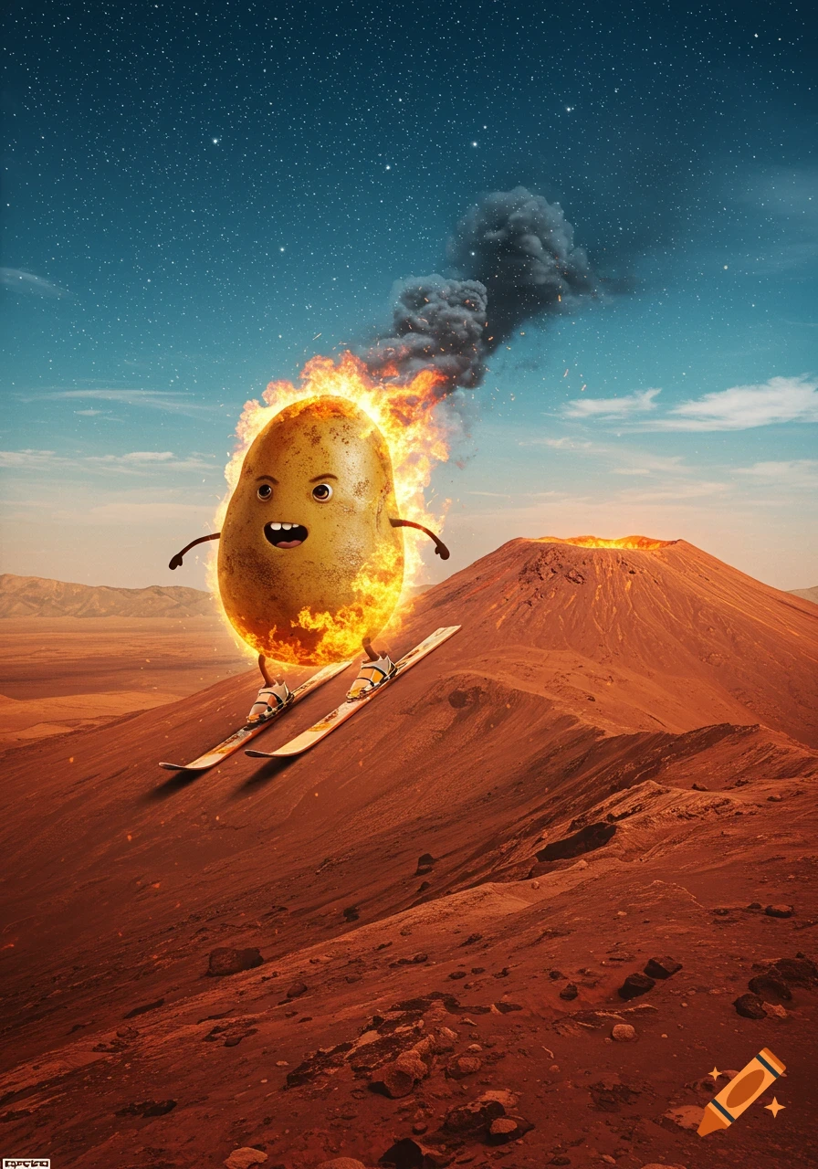 A burning, smiling potato skis down a red, rocky slope with a smoking volcano and starry sky in the background.