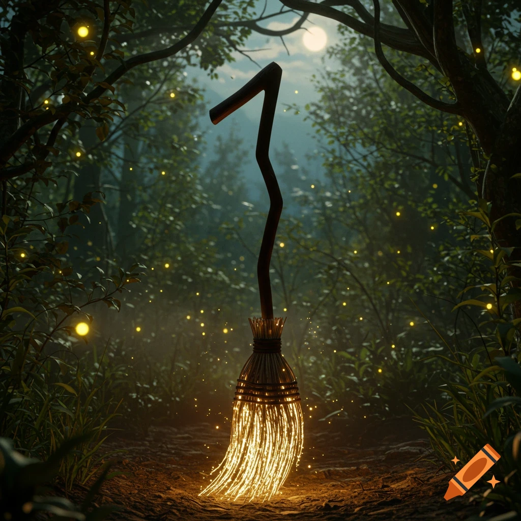 A glowing broom, shaped like the number 1, stands upright in an enchanted forest at night with fireflies.