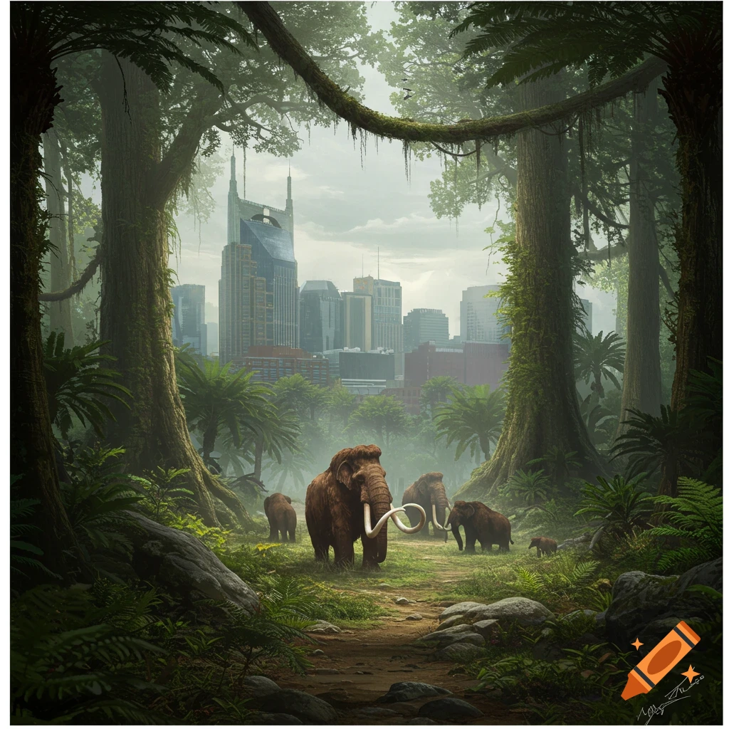 Photorealistic scene of woolly mammoths walking through a dense, prehistoric jungle with a modern city skyline in the background.