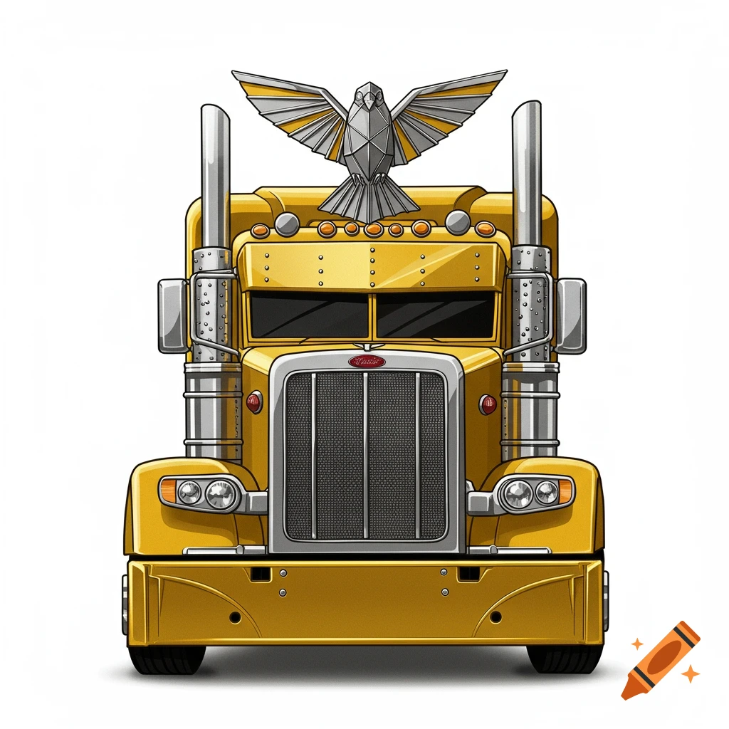 A semi-realistic cartoon graphic of a gold Peterbilt semi-truck with silver accents and a silver bird emblem on a white background.