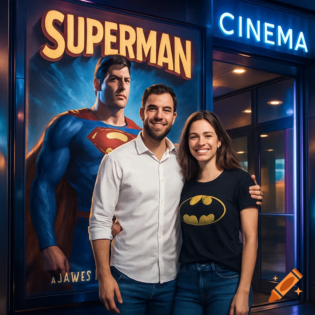 A smiling couple stands in front of a Superman movie poster at a cinema entrance with neon lights.