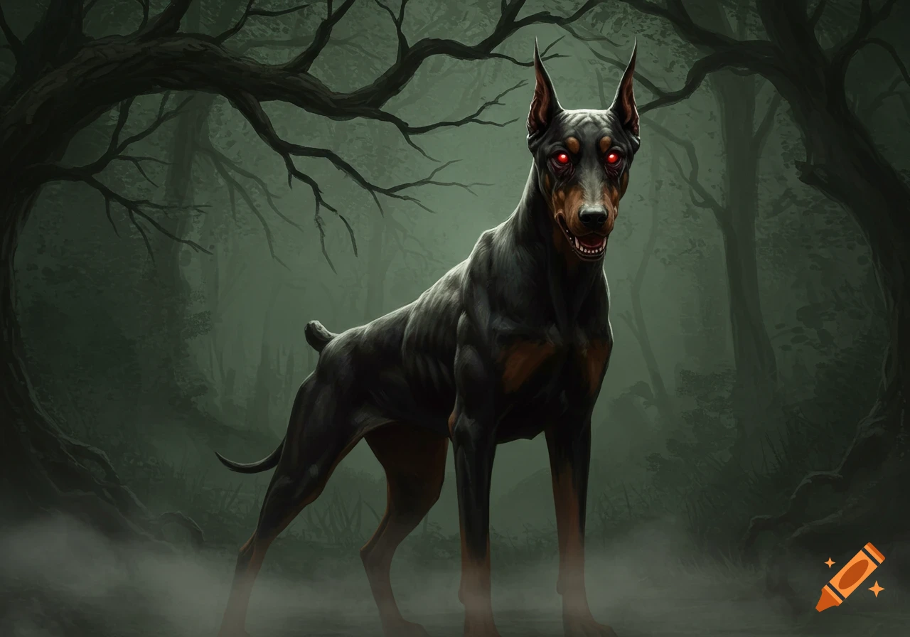 A scary black doberman with glowing red eyes stands in a dark, misty forest.