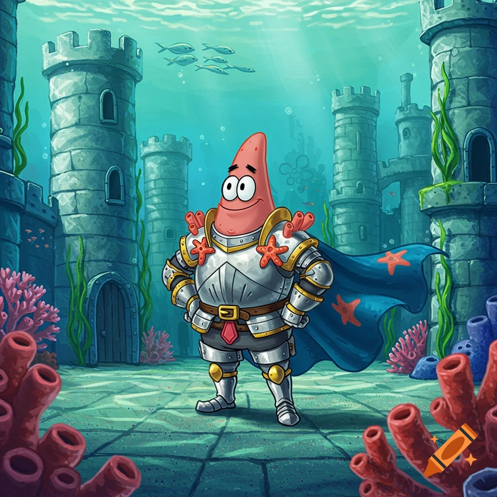 Patrick Star as a knight in shining armor stands proudly in an underwater castle, surrounded by coral and seaweed, in a cartoon style.