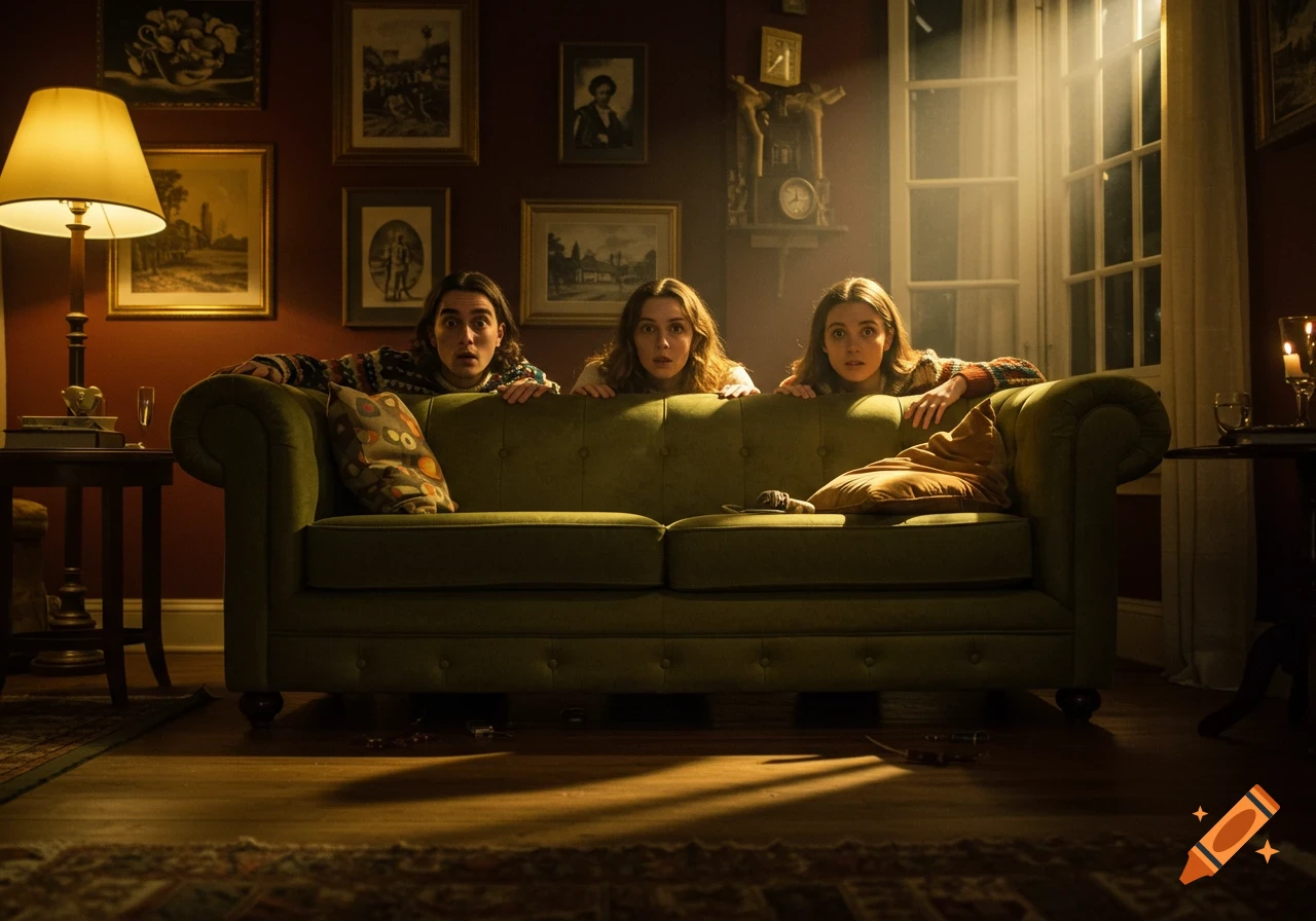 Three wide-eyed young adults peering over a green couch in a dimly lit, richly decorated room, looking surprised.