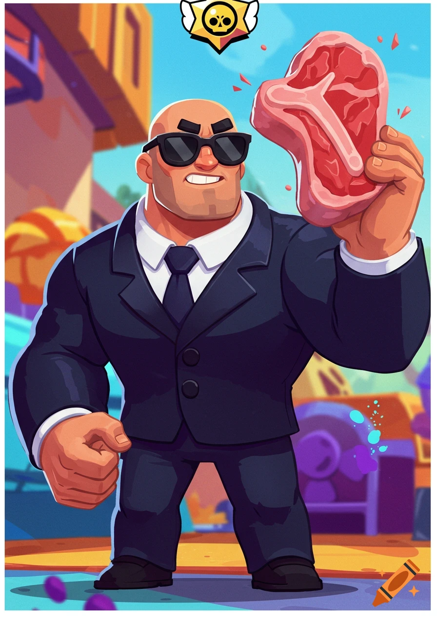 A bald, muscular security guard in a dark suit and sunglasses holds up a raw T-bone steak in a cartoon style, with a Brawl Stars logo in the corner.