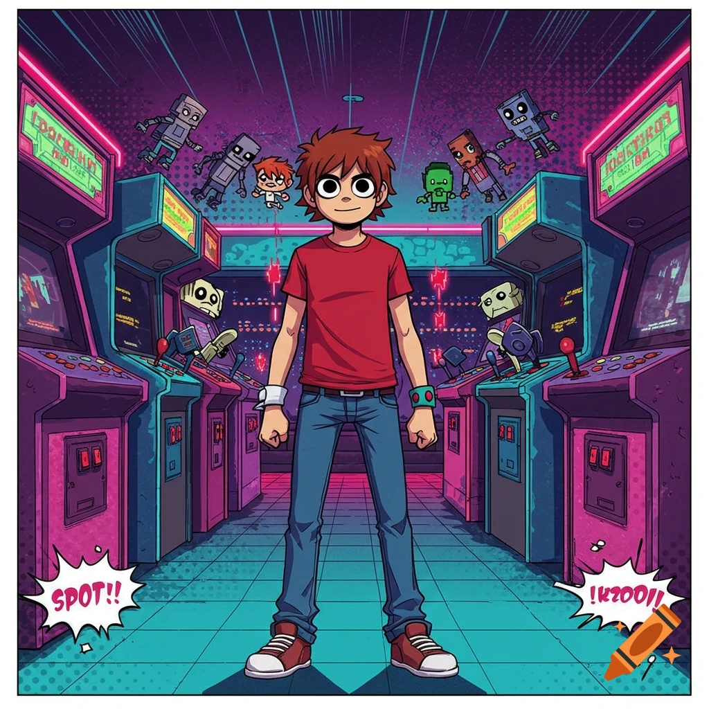 A cartoon character with red hair and a red shirt stands in a brightly lit arcade, surrounded by arcade machines and small pixelated robots.